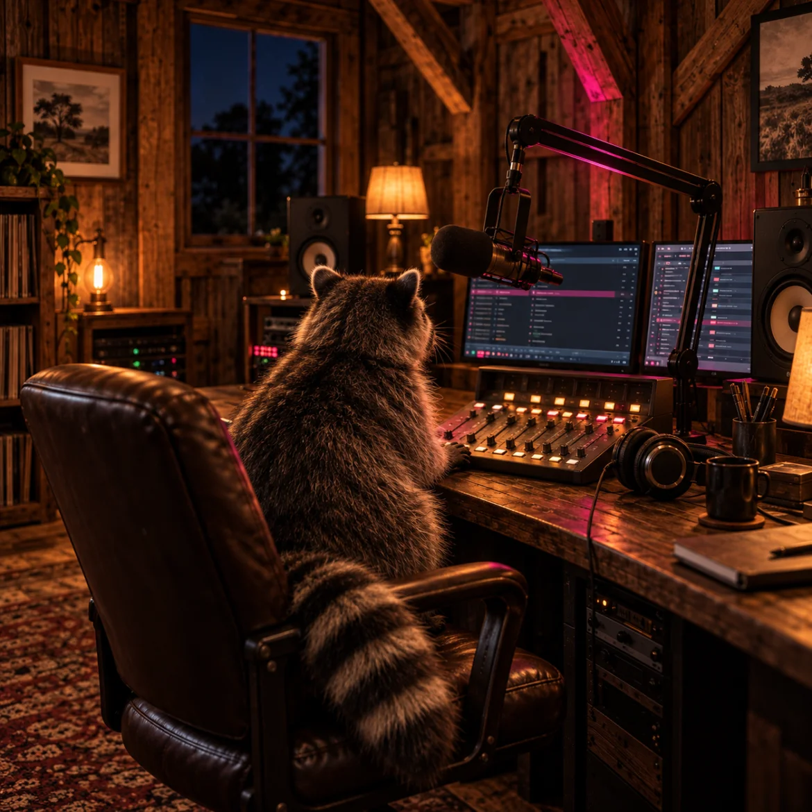 Wasbeer van achteren aan de mengtafel in de warme barn studio van Crazy Raccoon