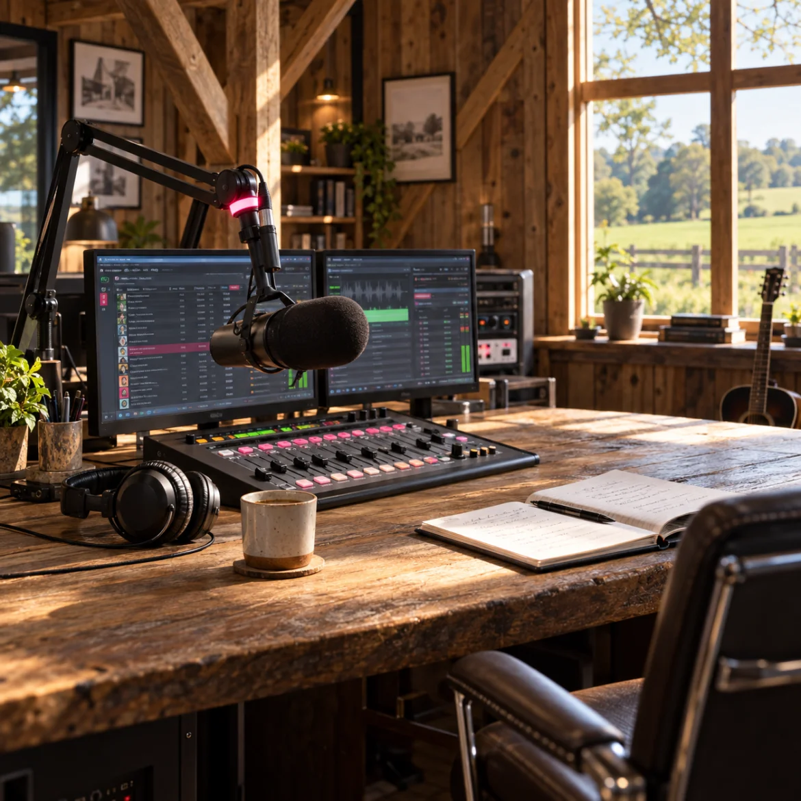 Zonnige barn radiostudio met compacte mengtafel voor Raccoon Midday Mix