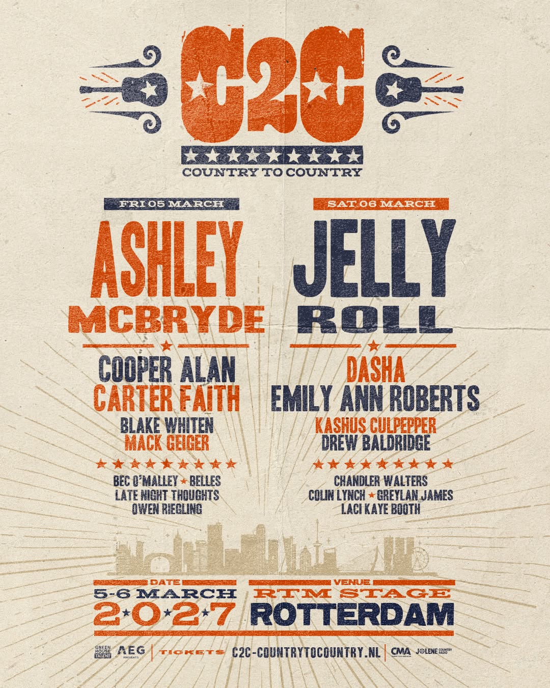 C2C Rotterdam 2027 maakt eerste line up bekend met Jelly Roll en Ashley McBryde