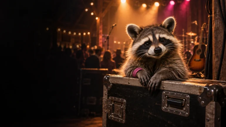 Raccoon backstage bij een countryconcert