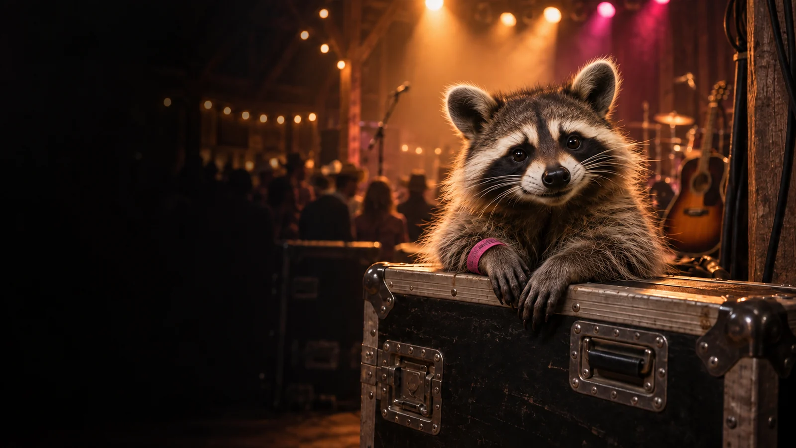Wasbeer backstage bij een countryconcert, met een roze polsbandje