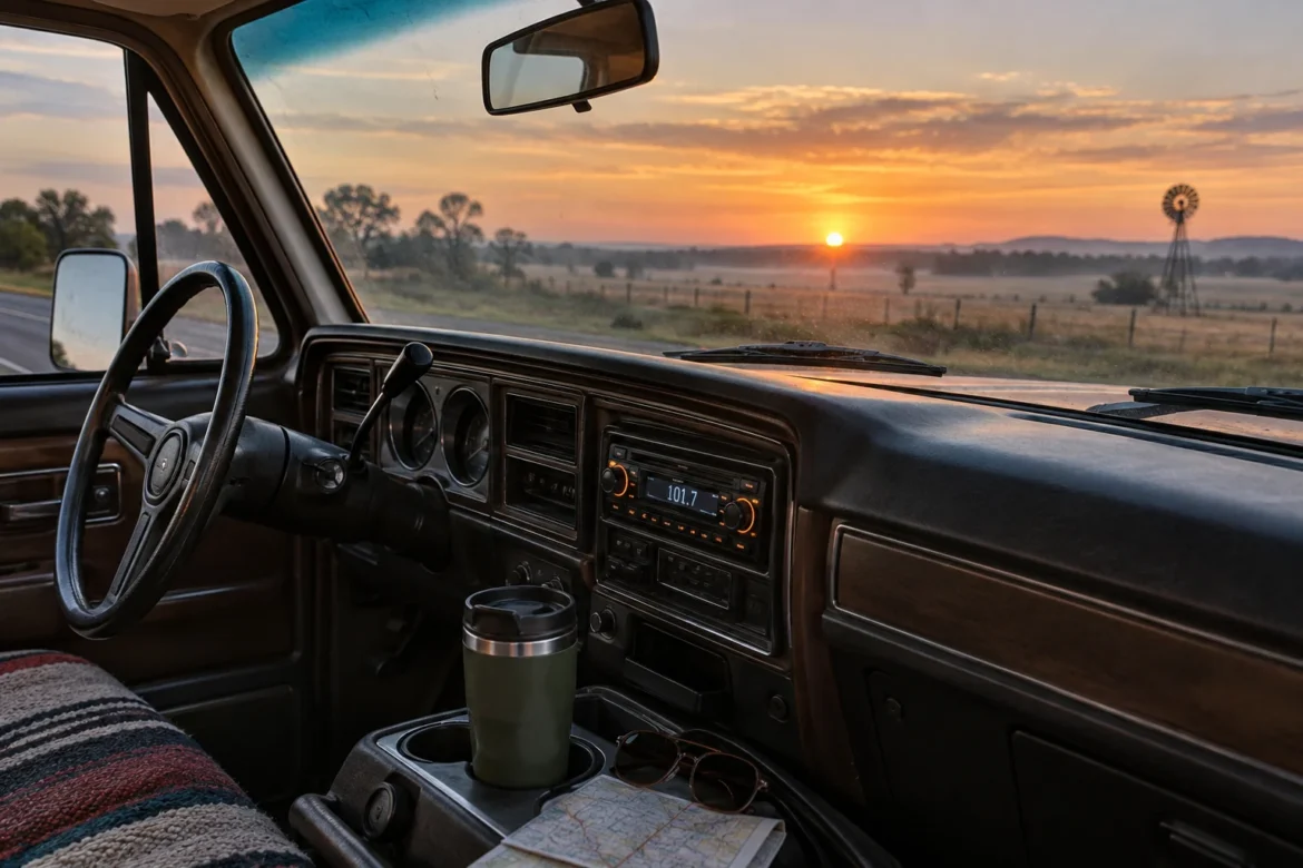 Een vroege rit: koffie en de zonsopkomst vanuit een geparkeerde pickup.