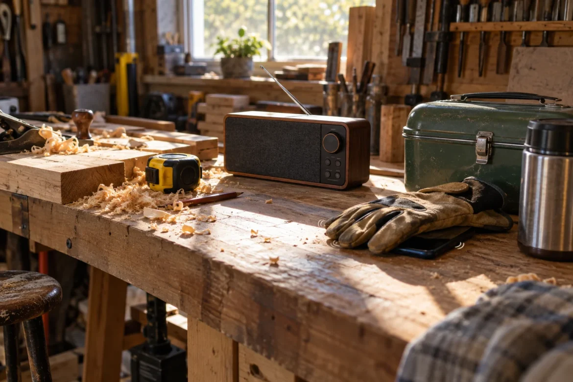 Werkbank met een radio, gereedschap en werkhandschoenen.