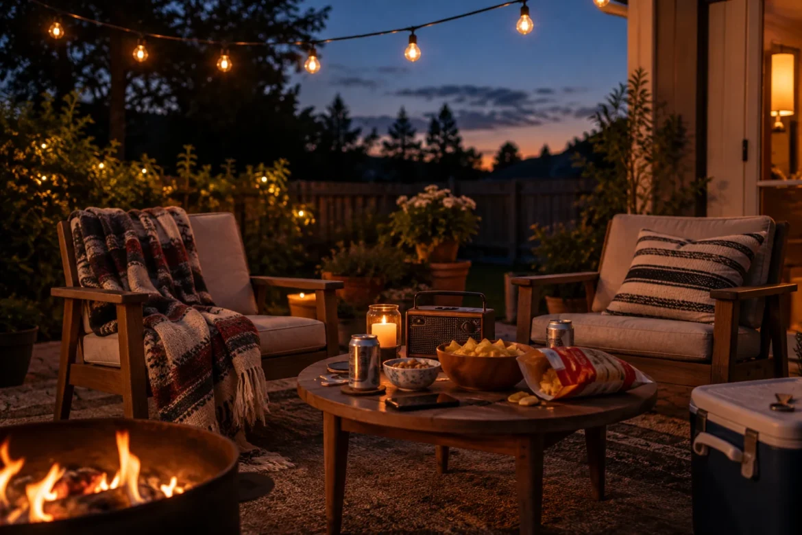 Een terras met lichtslingers en een extra schaal chips.