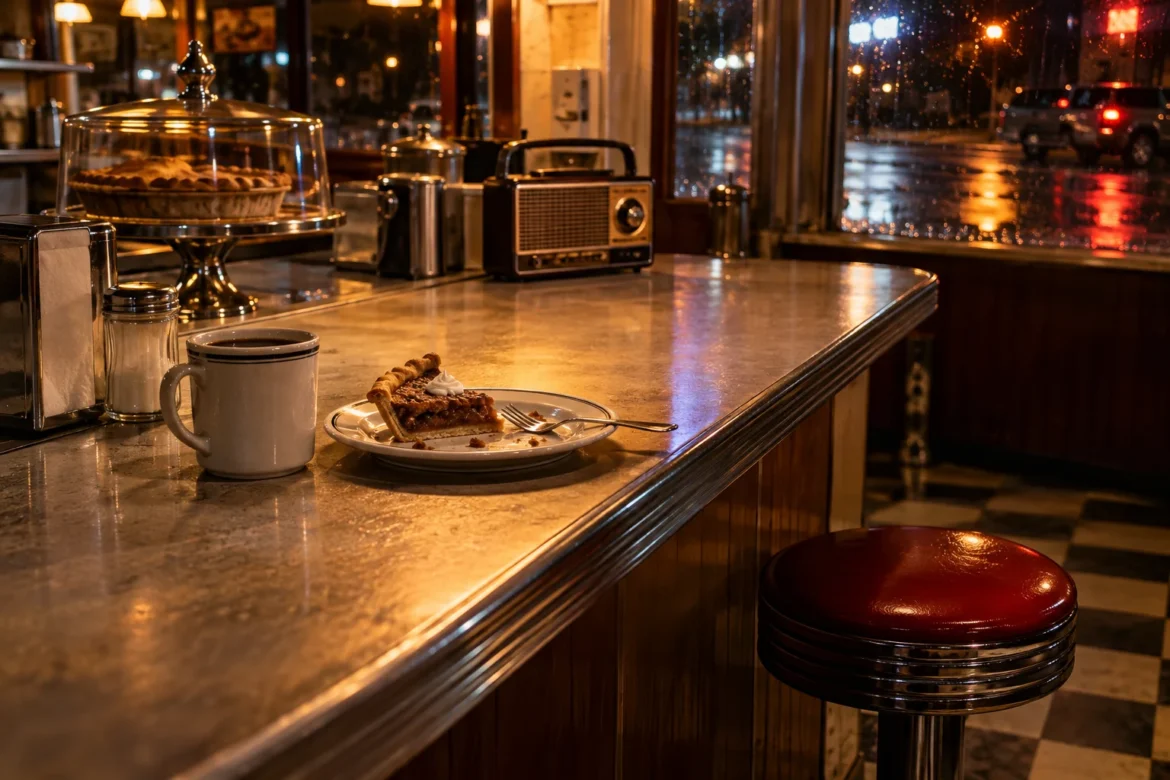 Koffie, radio en het laatste stuk taart in een diner bij nacht.