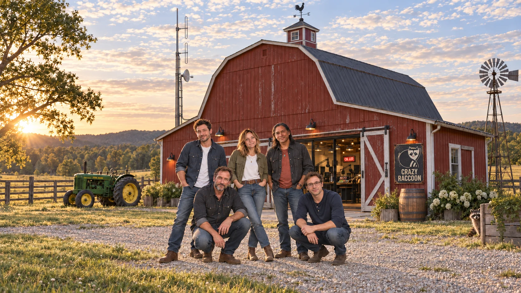 Het Crazy Raccoon-team voor de rode studiobarn — middag. Met antennemast, tractor en whiskeyvat.