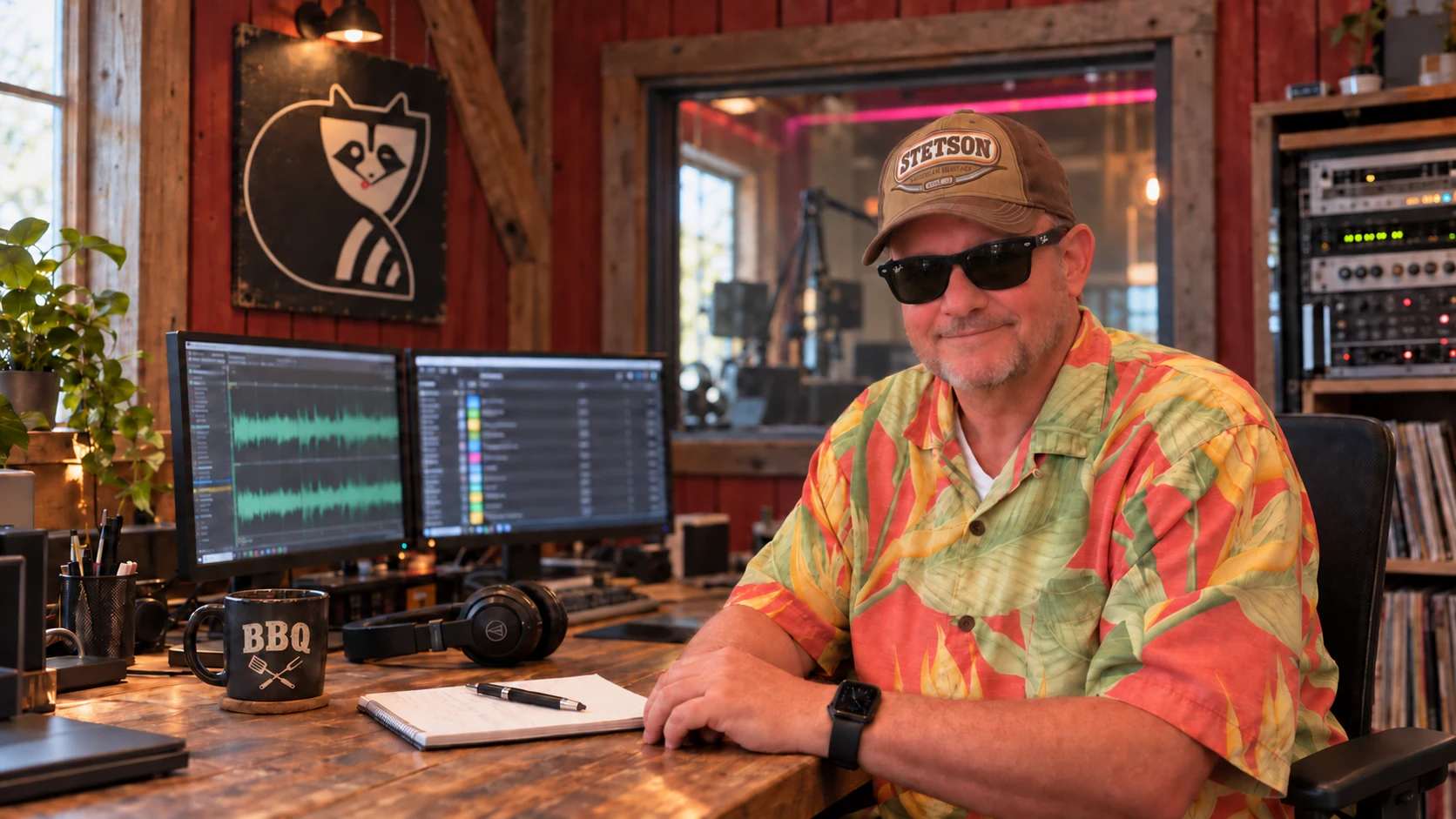 Sijbe Heikamp met Stetson-cap, zwarte Wayfarer-zonnebril en grijzende stoppels in de Crazy Raccoon-studio.
