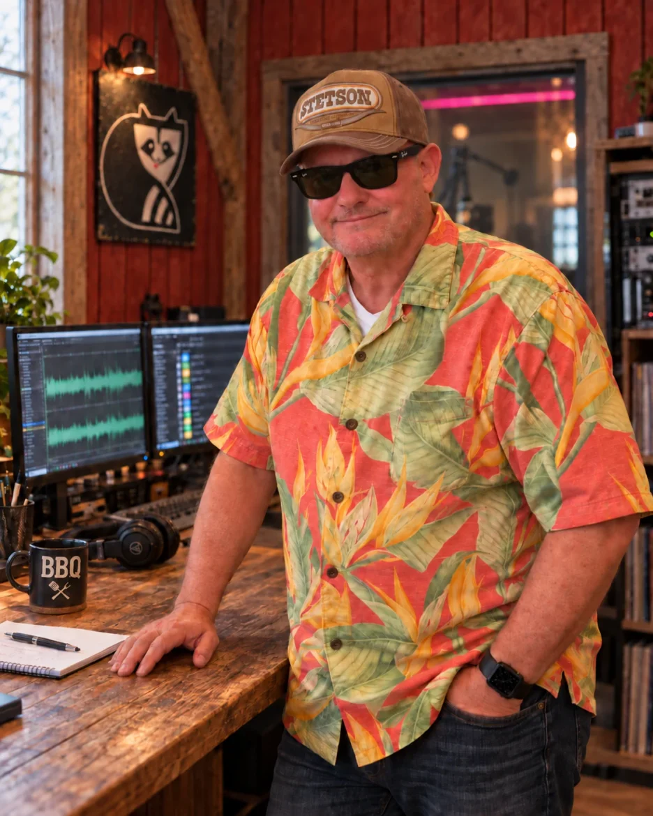 Sijbe Heikamp met Stetson-cap, zwarte Wayfarer-zonnebril en grijzende stoppels in de Crazy Raccoon-studio.